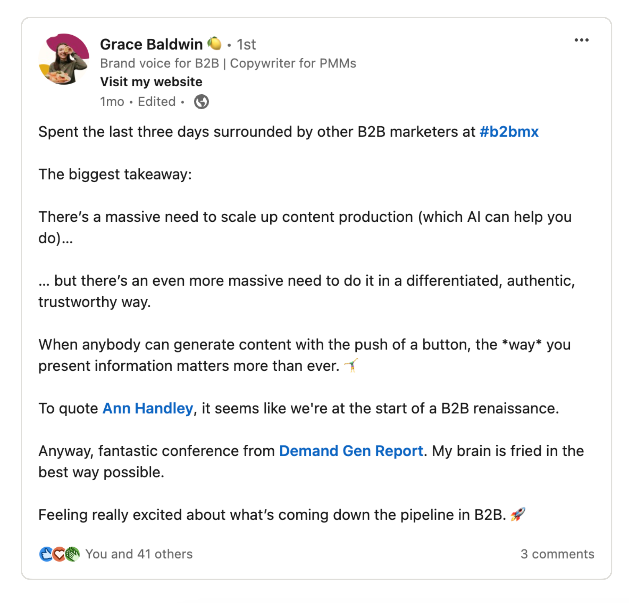 Grace Balwins LinkedIn posted about scaling content operations at B2BMax.