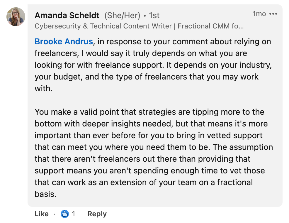 Amanda Scheldt responded to a comment about relying on freelancers.