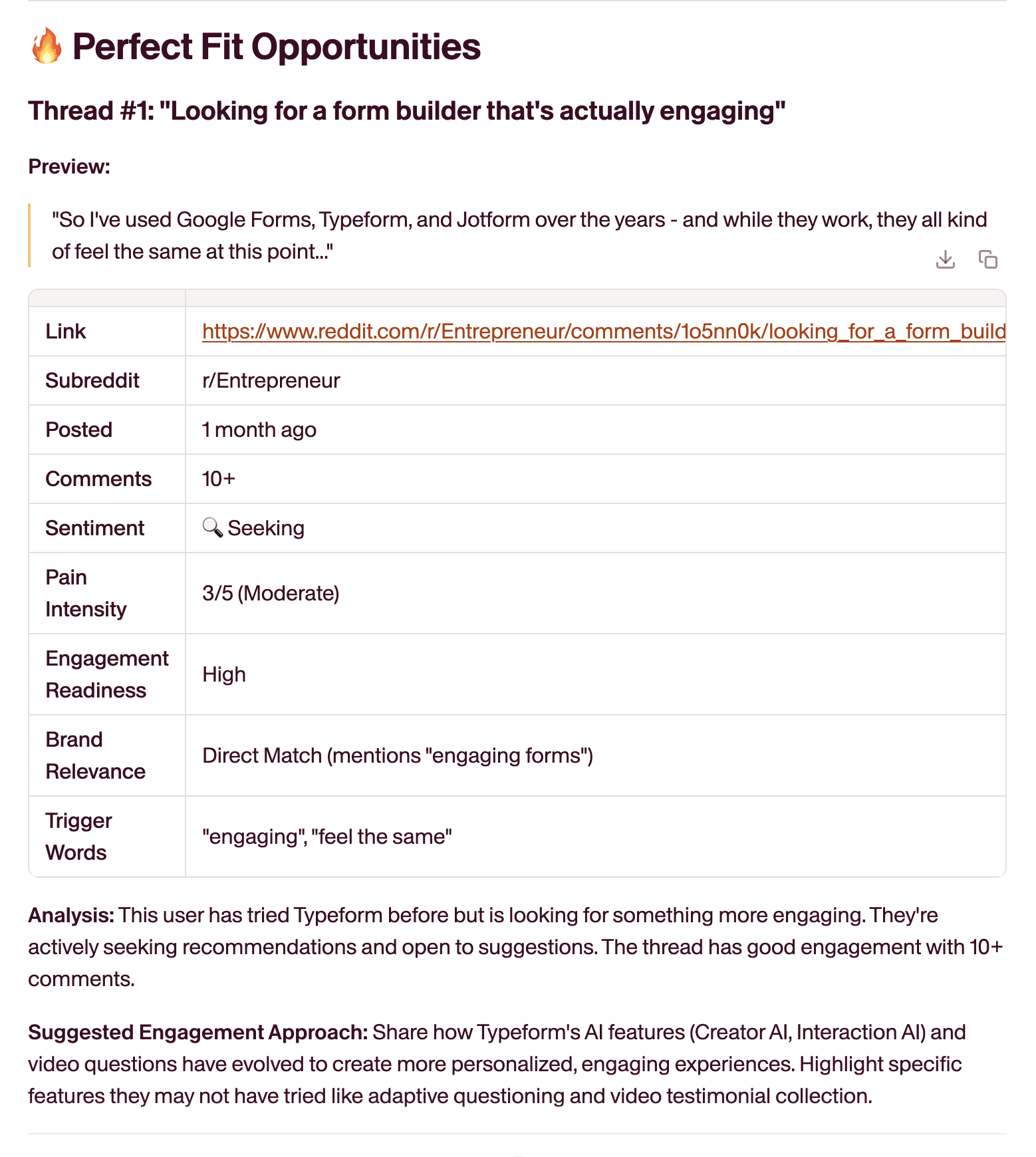 The Reddit Monitor helps by surfacing genuine conversations from your target communities. Take this example: someone posts in r/Entrepreneur looking for a form builder that's "actually engaging (but not just another submission box)."