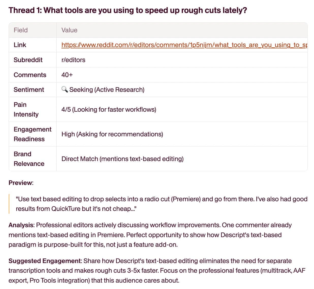 Take Descript, a video editing tool that uses text-based editing. When someone asks r/editors about speeding up rough cuts, a user mentions "Use text-based editing to drop selects into a radio cut (Premiere)."