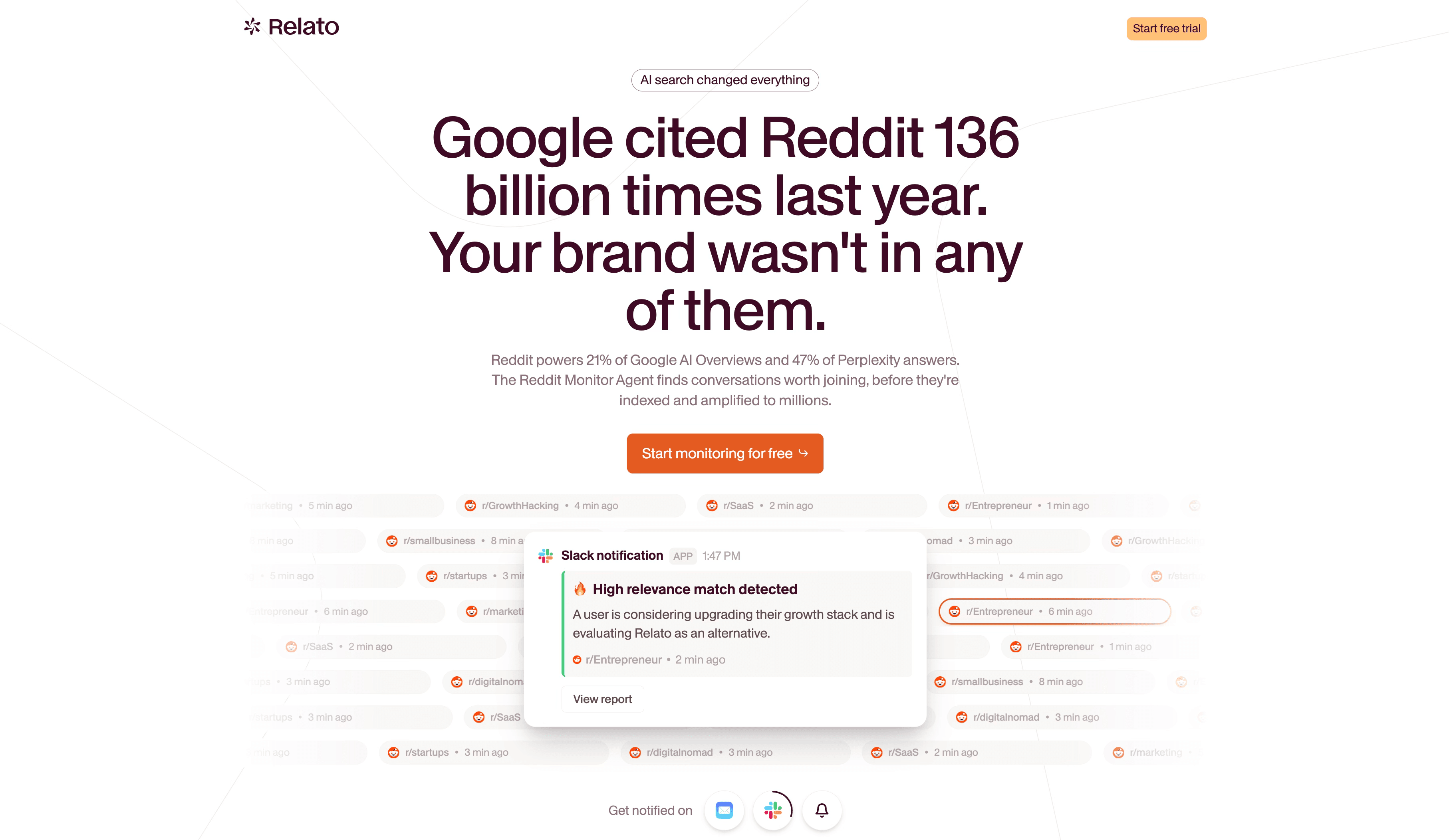 Screenshot of the Relato Reddit Monitor Agent website