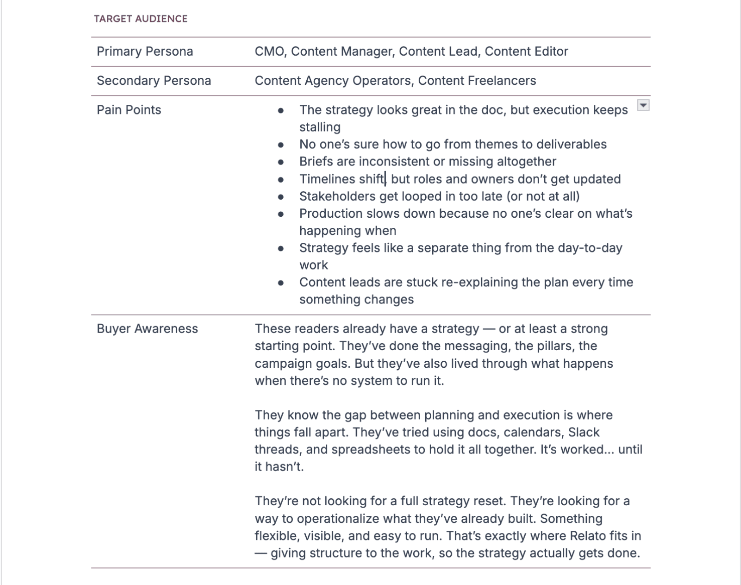 example section from Relato brief