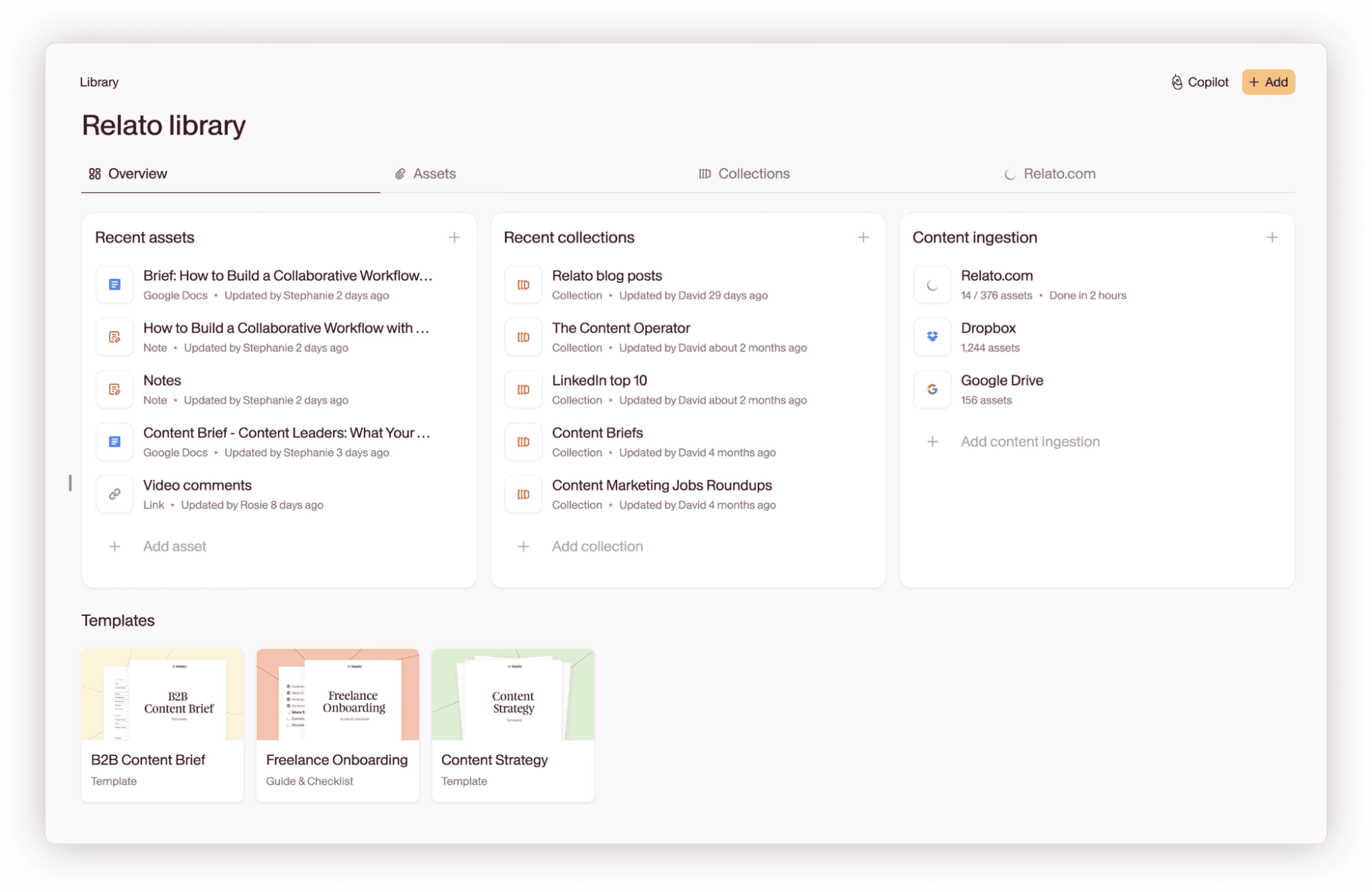 Relato library dashboard