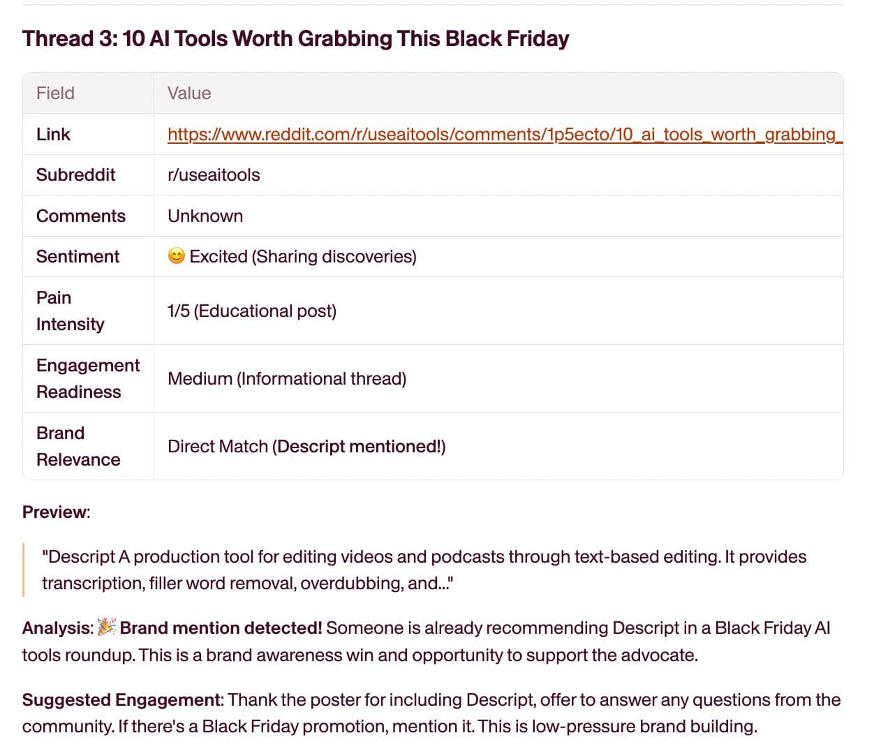 Sometimes you discover unexpected brand advocates. When someone includes Descript in their "10 AI Tools Worth Grabbing This Black Friday" list, that's proof people recommend you organically.
