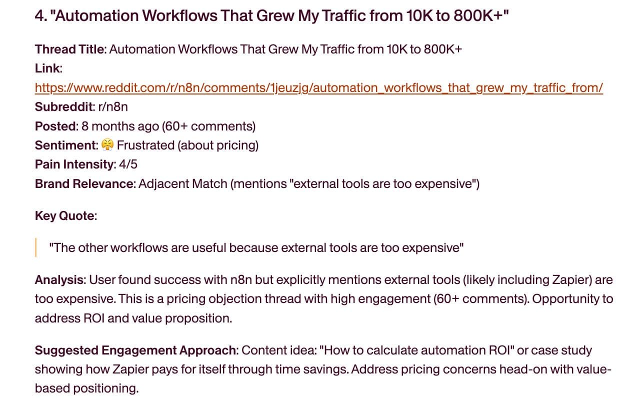 The monitor also helps you pitch better content to clients. In this automation thread, someone grew traffic from 10K to 800K+ but complains that "external tools are too expensive."