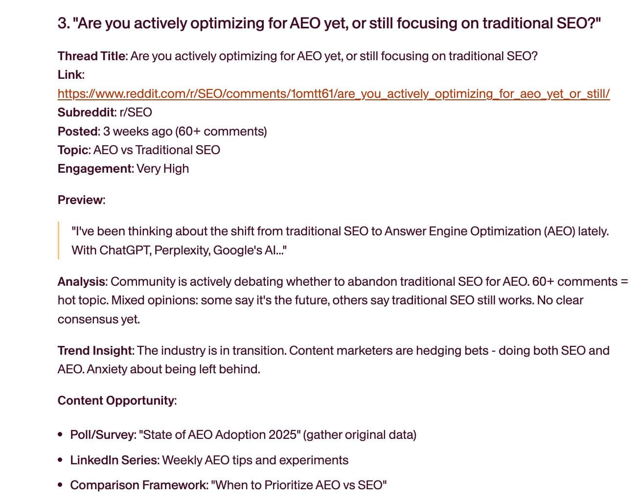Testing new service ideas becomes easier when you have real data. Here's a thread with 60+ people debating whether to abandon traditional SEO for AEO.