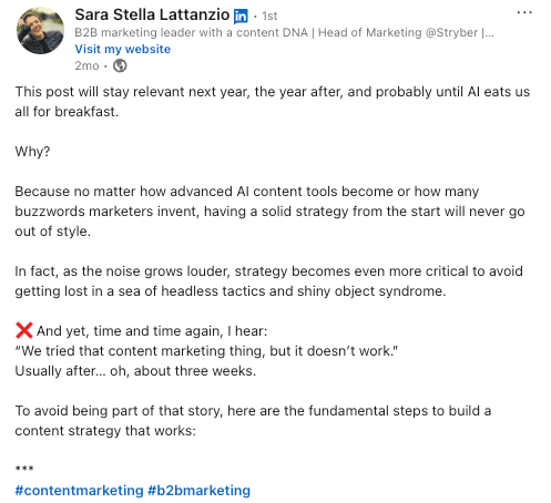 LinkedIn post from Sara Stella Lattanzio