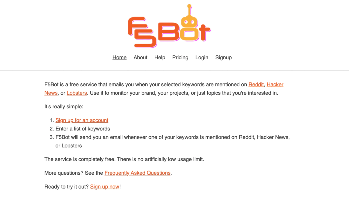 Image of the F5Bot website