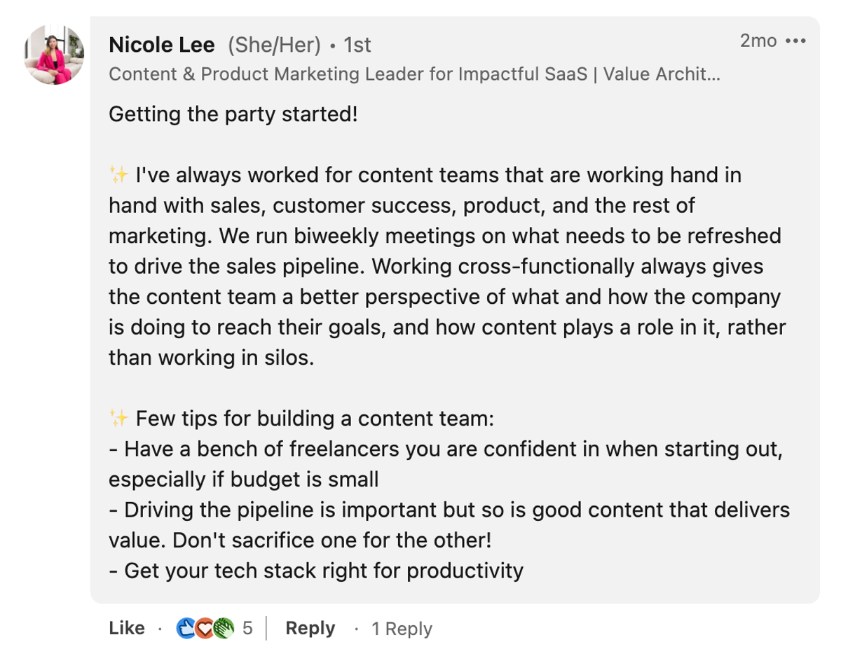Nicole Lee shared how her team’s regular meetings with sales, product, and marketing ensure that everyone plays from the same sheet.
