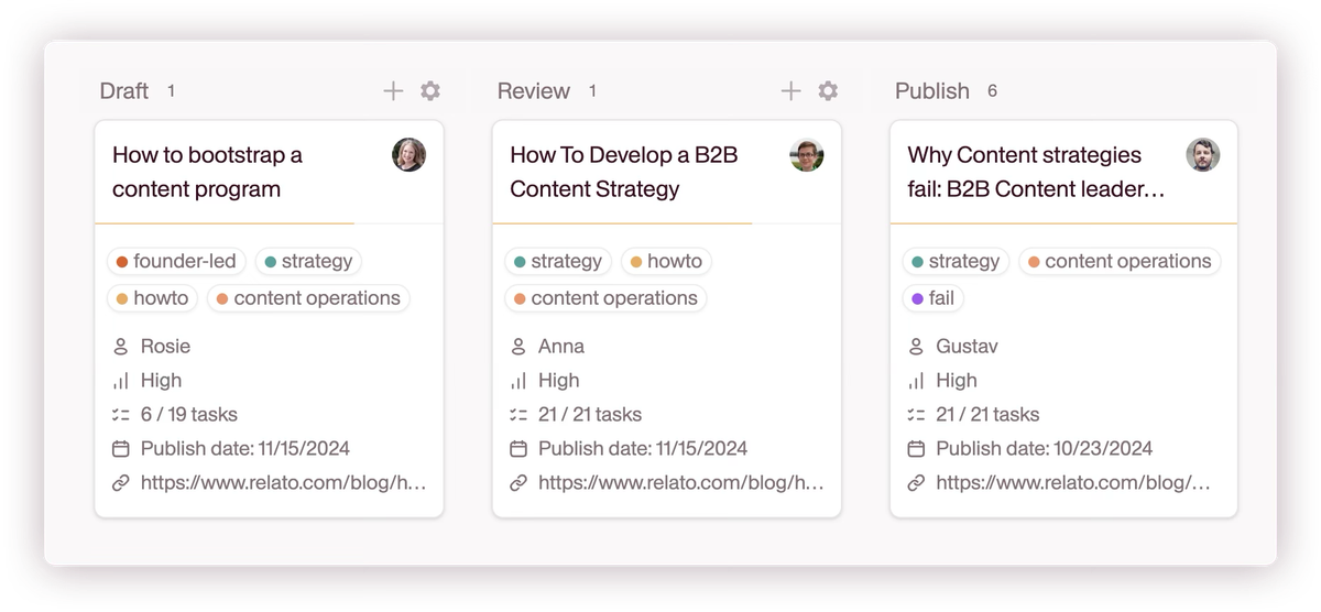 project cards in Relato