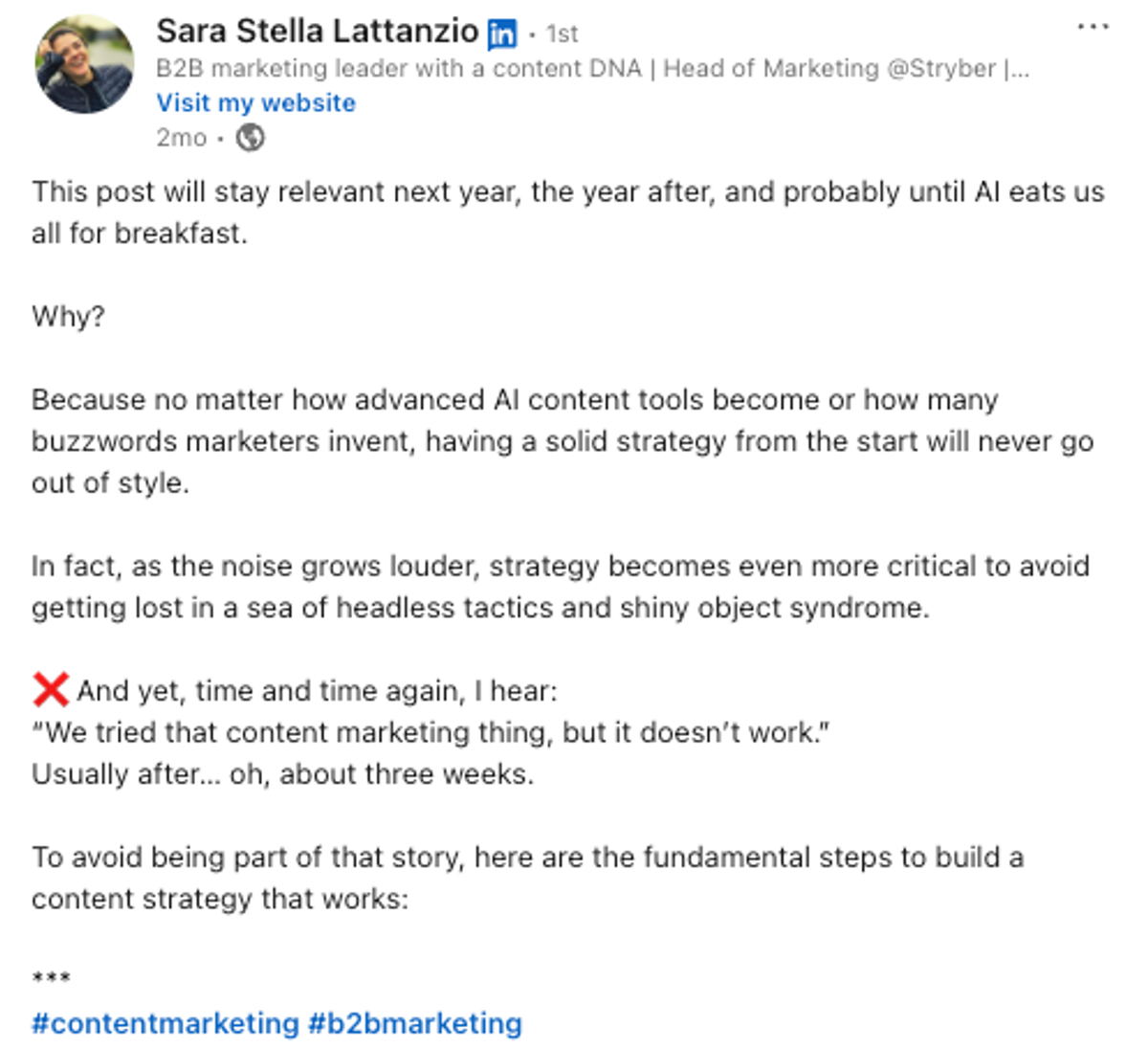 LinkedIn post from Sara Stella Lattanzio