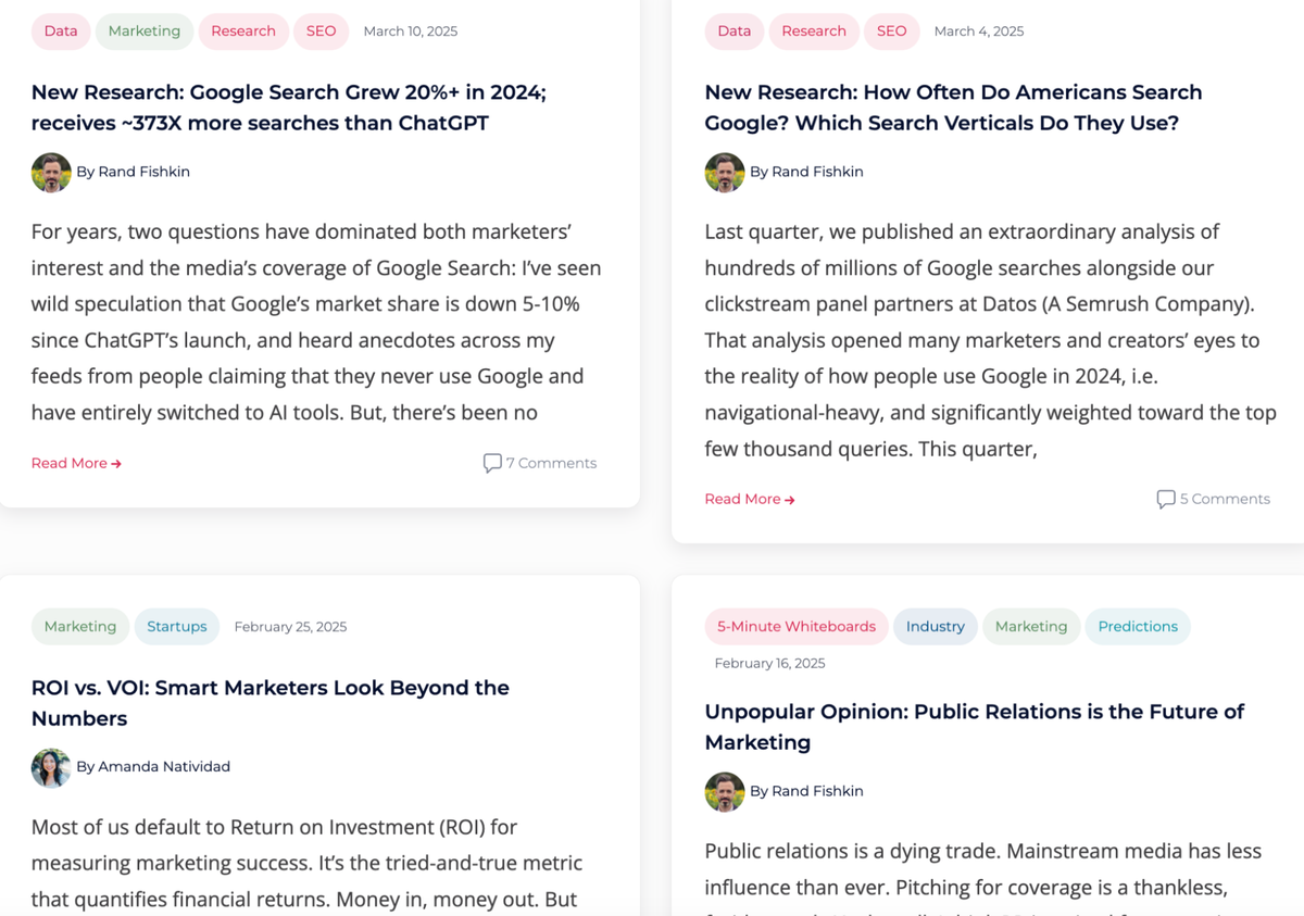 For example, SparkToro regularly publishes data-driven research and original point-of-view articles from its founder.