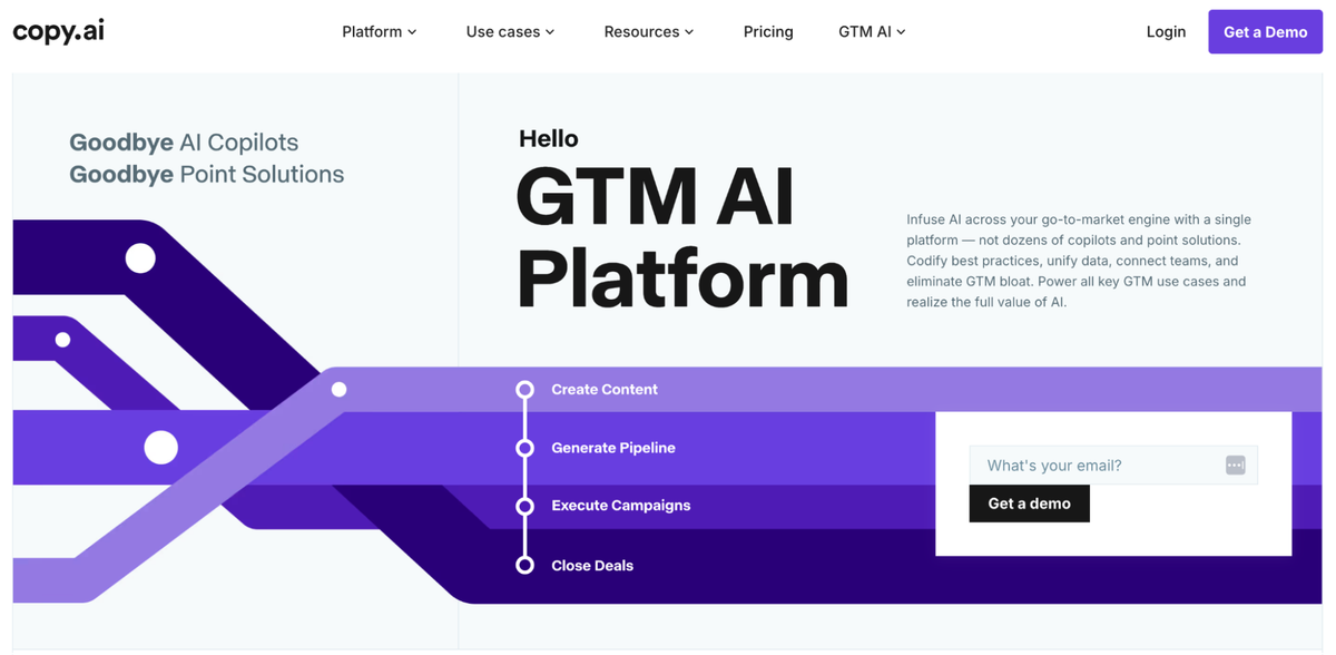 For example, Copy.ai has dramatically shifted its positioning several times over the past two years: from an AI writing tool to a GTM AI platform.