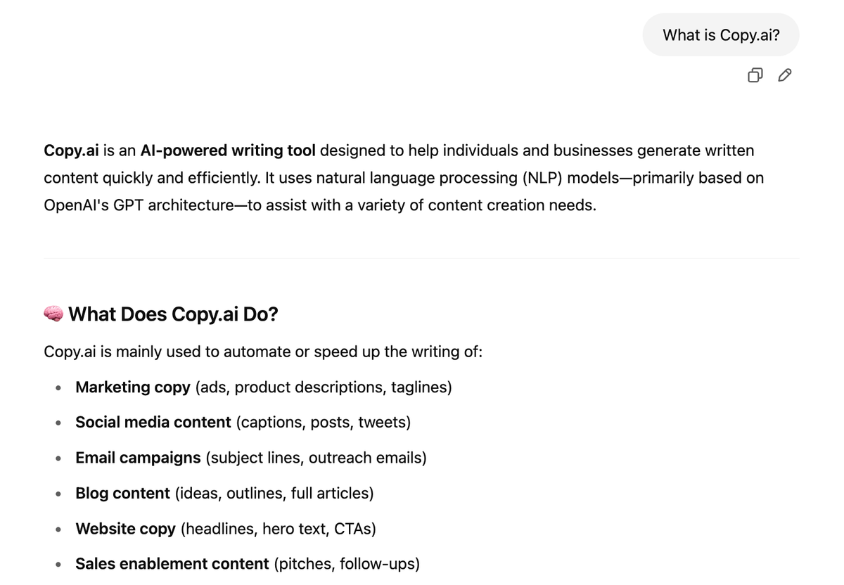 However, ChatGPT still features it as an AI writing platform, meaning its outdated positioning continues to shape how the brand is perceived.