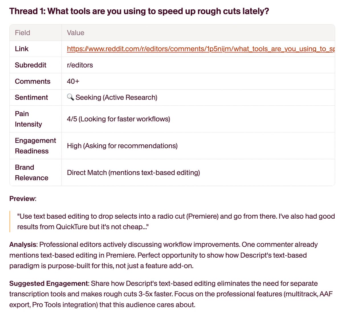 Take Descript, a video editing tool that uses text-based editing. When someone asks r/editors about speeding up rough cuts, a user mentions "Use text-based editing to drop selects into a radio cut (Premiere)."