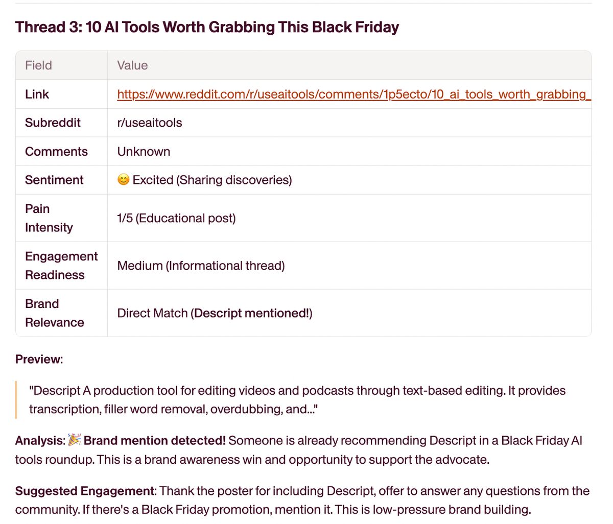 Sometimes you discover unexpected brand advocates. When someone includes Descript in their "10 AI Tools Worth Grabbing This Black Friday" list, that's proof people recommend you organically.