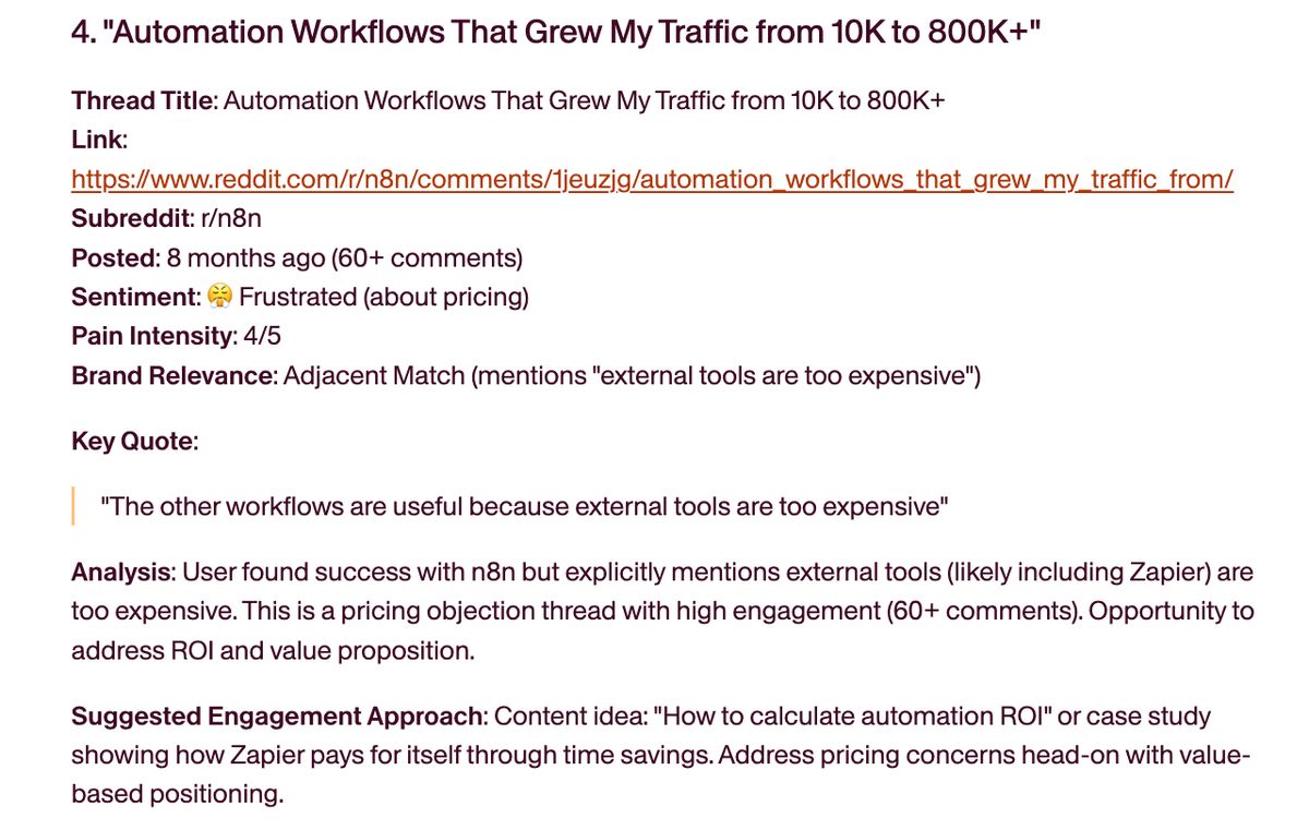The monitor also helps you pitch better content to clients. In this automation thread, someone grew traffic from 10K to 800K+ but complains that "external tools are too expensive."