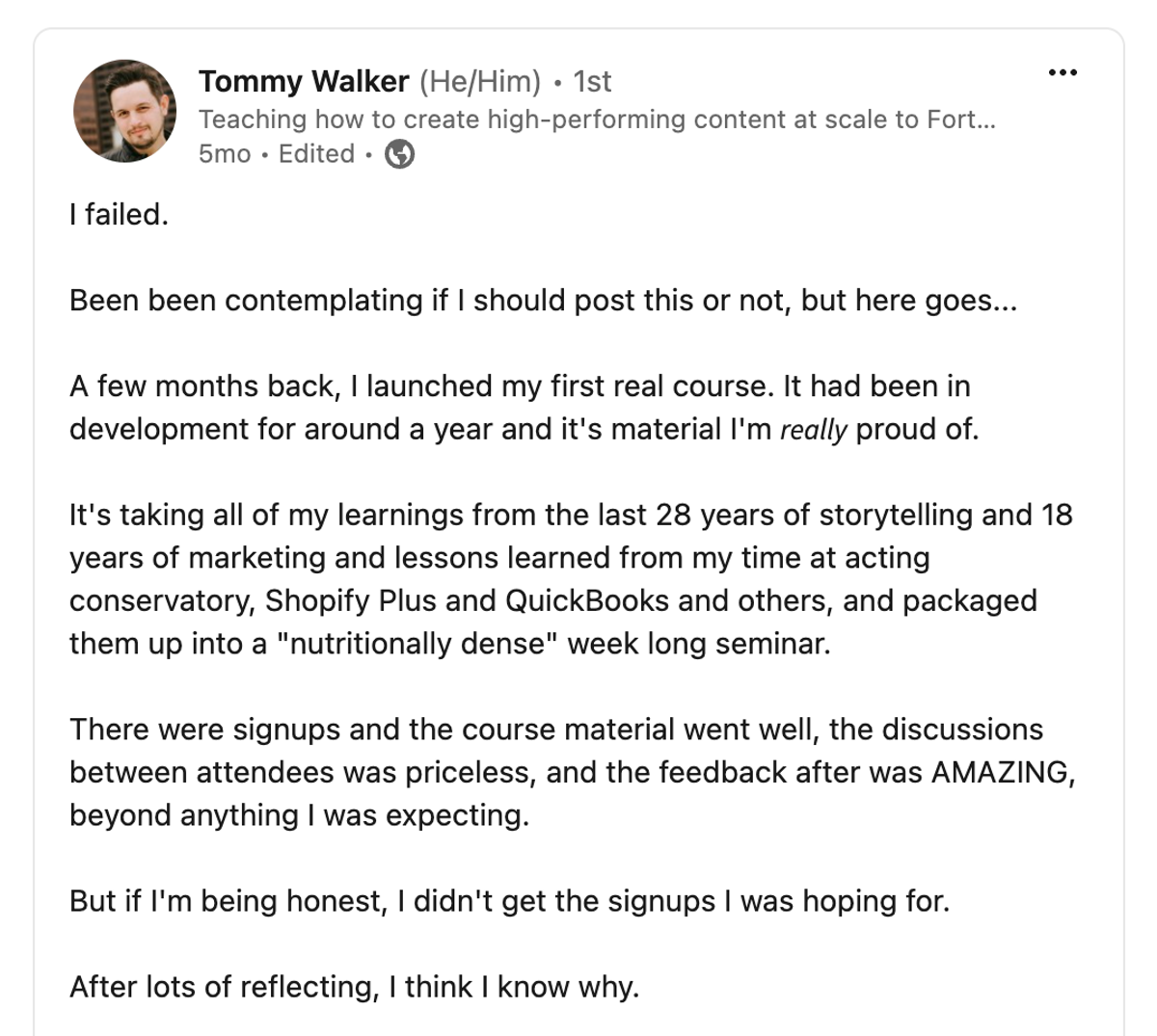 Tommy Walker's LinkedIn post about failing