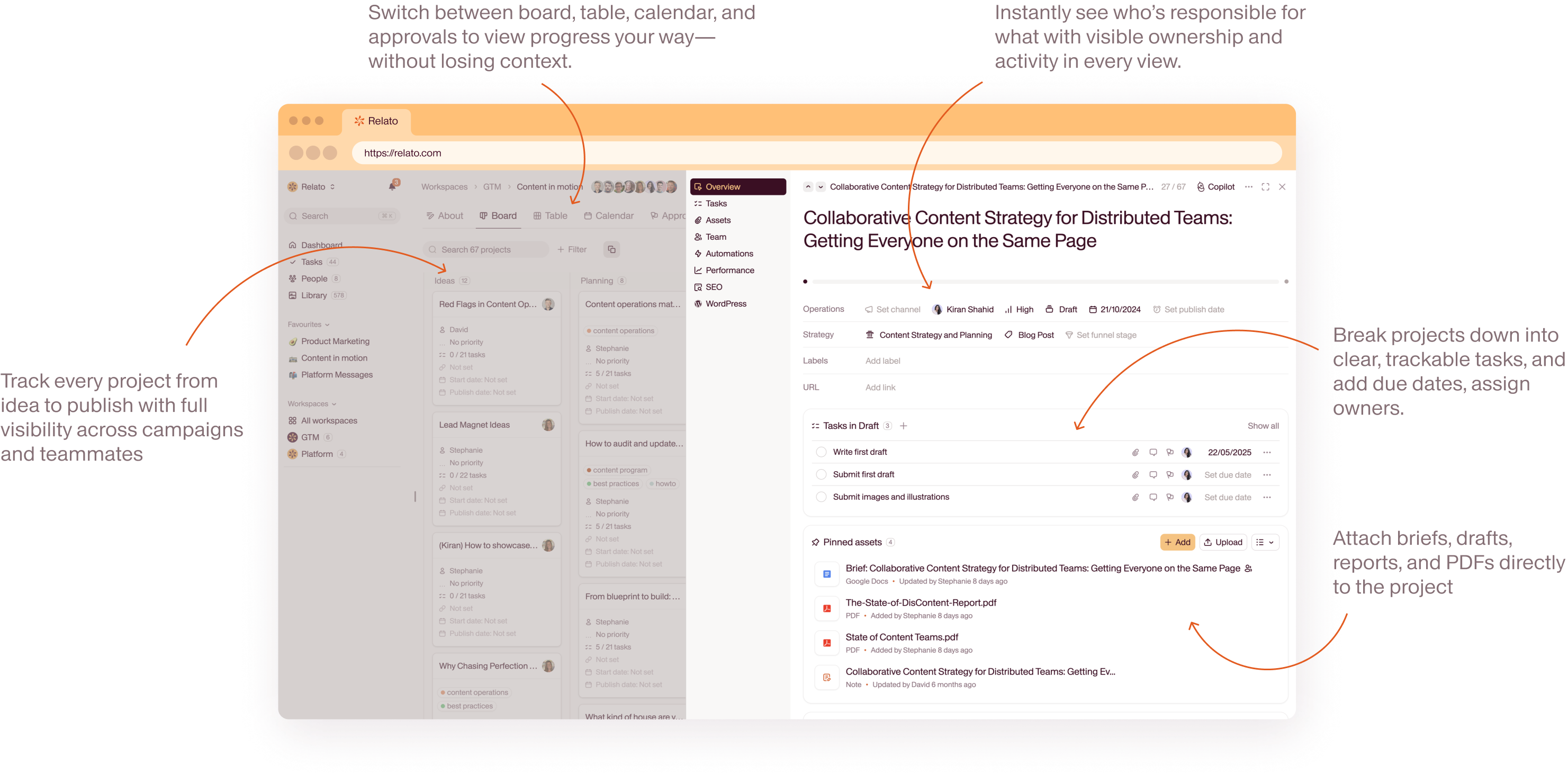Project and task management product screenshot with annotations