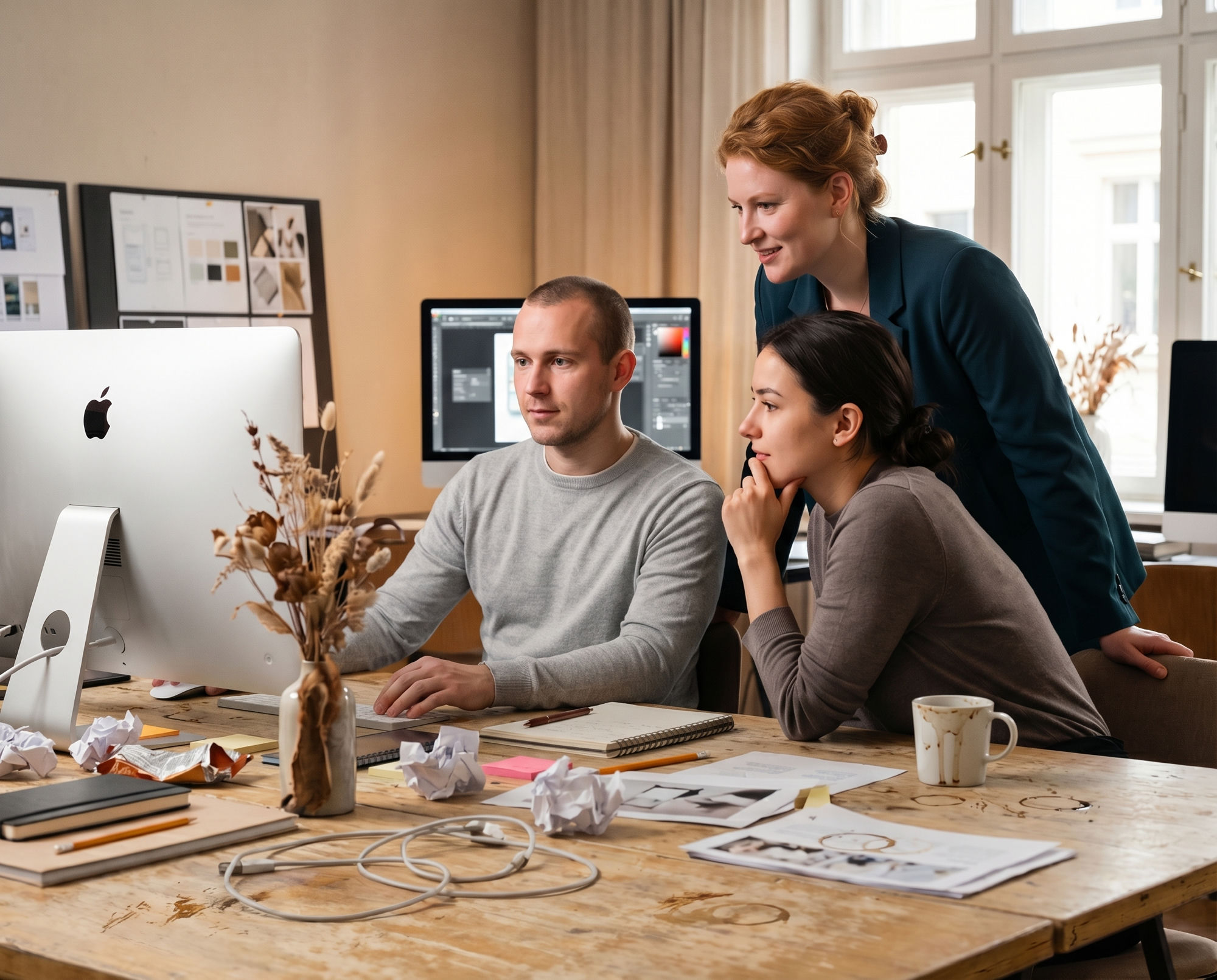 Agency team reviewing creative work together at a shared desk
