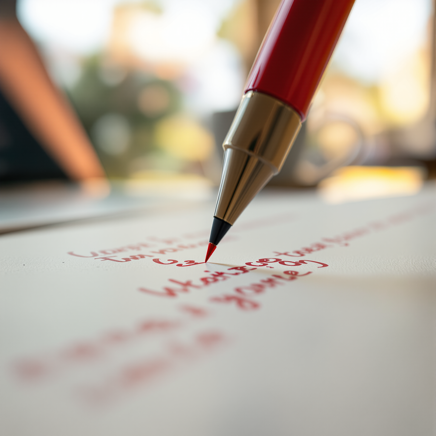 A red pen marking edits on a printed draft, the writing soft behind the pen tip