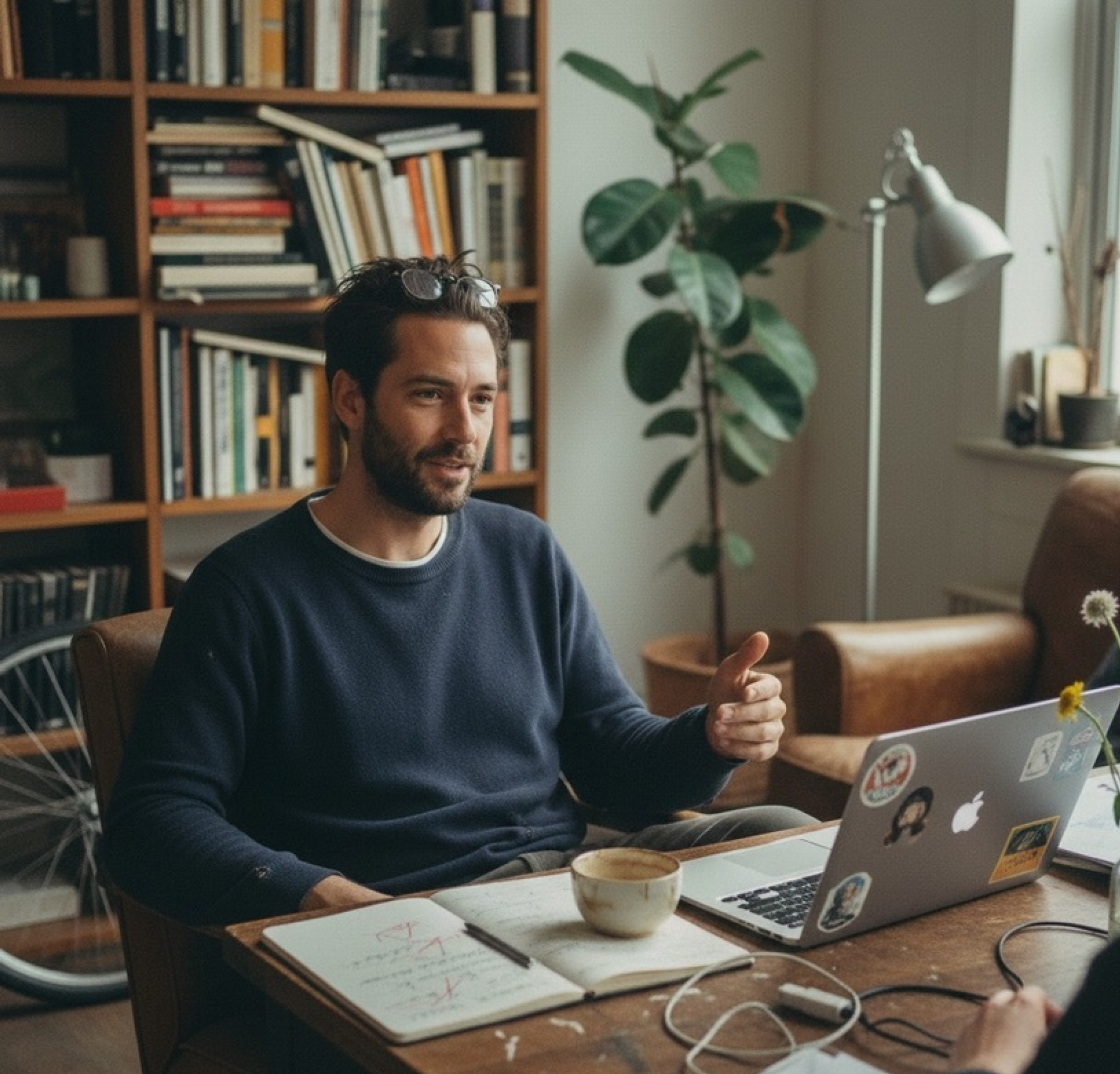 Content strategist working at his desk with notebook and laptop