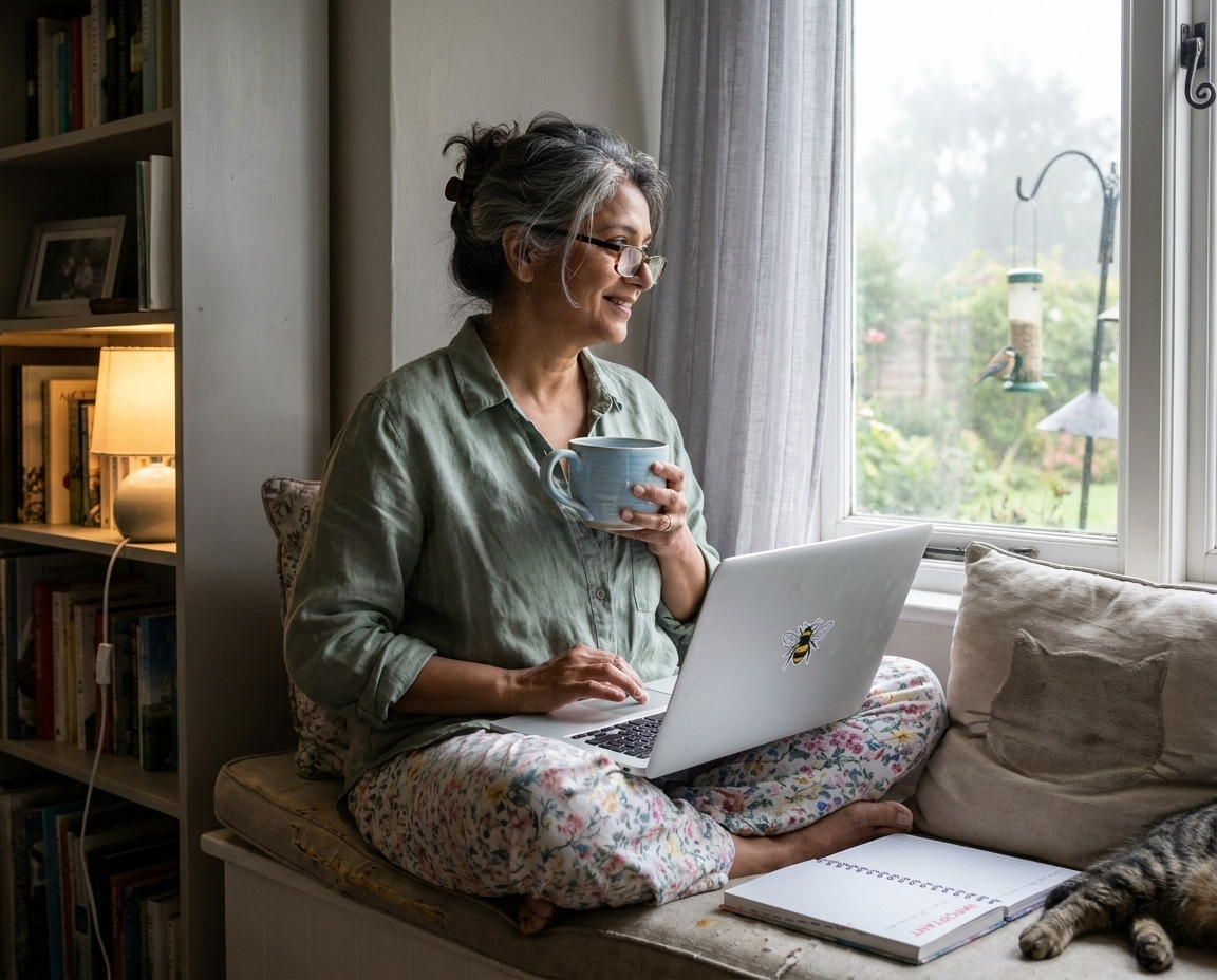 Freelance content writer working from home with laptop and coffee